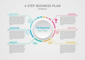 Template simple modern infographic 6 steps business plan success circle segmented multi colored icons with lines Button in the middle with a clean gray gradient background. vector