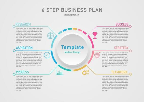 Template simple modern infographic 6 steps business plan success circle segmented multi colored icons with lines Button in the middle with a clean gray gradient background.