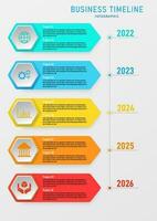 5 years infographic timeline template square with vertical multi colored hexagon letters with numbers and icons gray gradient background design for marketing, project, product, business, planning vector