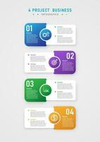modern simple business infographic template vertical 4 project squares with multi colored circles icons in center letters on white background gray gradient vector