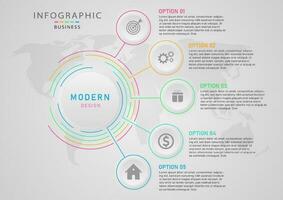 Modern business infographic button Circle with multicolored outlines and icons Gray gradient background with world map bottom. Design for marketing, product, investment, finance, planning. vector