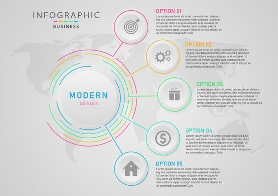 Modern business infographic button Circle with multicolored outlines and icons Gray gradient background with world map bottom. Design for marketing, product, investment, finance, planning.