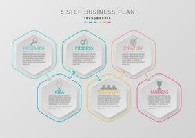 modern infographic timeline business plan success clean hexagonal shape multi color line outline with arrows icons and characters gray gradient background vector