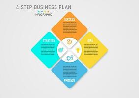 Modern infographic template simple four steps business plan bright multicolored square with white letter icon centered on white background, clean gray gradient background vector