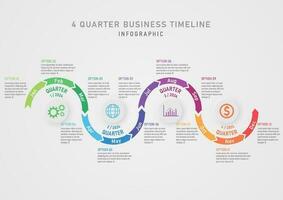 4 quarter infographic business planning for growth curved multicolored arrow timeline Move the letter abbreviation of the month inside. Circle buttons and icons on a gray gradient background vector