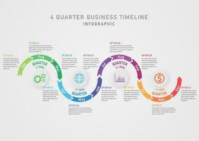 4 4 trimestre infografía negocio planificación para crecimiento curvo multicolor flecha cronograma moverse el letra abreviatura de el mes adentro. circulo botones y íconos en un gris degradado antecedentes vector