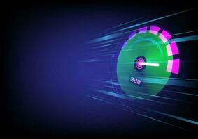 resumen antecedentes tecnología perspectiva circulo rosado y verde parte superior velocímetro con azul Moviente ligero líneas en un azul y negro degradado antecedentes vector