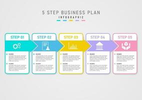 modern infographic template 5 steps success business plan square white with multi colored arrows and center icons gray gradient background design for marketing, finance, product, project vector