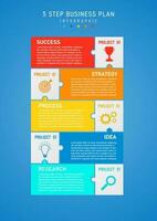 infographic 5 steps business plan success vertical template Multi colored squares, colored icons on white background. white letters Blue gradient background. Design for marketing, product, project. vector