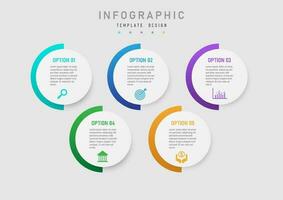 business infographic template half circle gradient Multi color with clean white buttons, 5 options, planning, work, top lettering and bottom icons design for product, marketing, project. vector