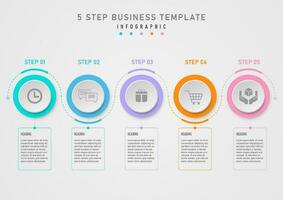 infografía modelo 5 5 pasos negocio plan éxito multi de colores círculos centrar icono circular parche línea con fluido flechas el cuadrícula y letras abajo en un limpiar gris degradado antecedentes. vector