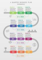 timeline simple infographic Vertical business work plan template 4 quarter arrow multicolored on curved road white month abbreviation gray icon, gray gradient background vector