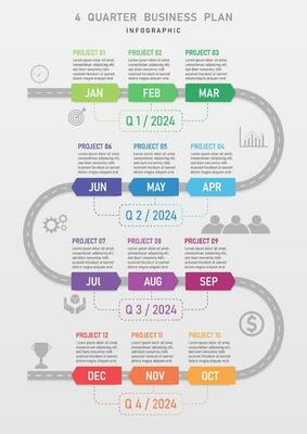 timeline simple infographic Vertical business work plan template 4 quarter arrow multicolored on curved road white month abbreviation gray icon, gray gradient background