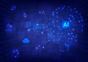technology abstract The future of machine learning artificial intelligence Head shaped circuit with dot Glow and microchip Binary cube perspective with several icons on a blue gradient background vector
