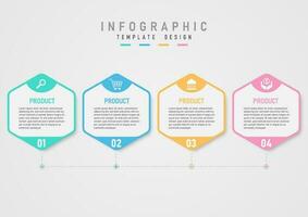 infografía modelo sencillo cuatro opciones hexágonos multi de colores líneas y círculos blanco íconos en parte superior con el números abajo medio letras en un blanco antecedentes gris degradado antecedentes vector