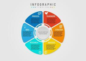 6 6 paso negocio plan infografía modelo para éxito multicolor segmentario circulo con flechas blanco icono en de colores antecedentes en el medio allí es un gris botón en un gris degradado antecedentes. vector