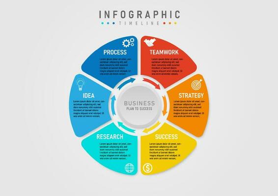 6 step business plan infographic template for success multicolored segmented circle with arrows white icon on colored background In the middle there is a gray button on a gray gradient background.