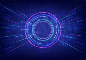 abstract background future technology Tech circle with empty space in the middle Multi-colored glowing neon with beam moving binary and cube perspective. blue gradient background vector