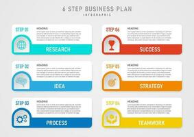 infographic 6 steps business plan success bright multi colored squares Several icons below on the button and gray gradient background. Design for marketing, project, finance, product, template. vector