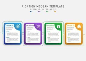 infographic template 4 options multi colored gradient squares white icon in the top corner circle with dotted lines and gray gradient background Design for marketing, product, project, finance vector