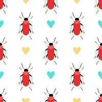 Funny summer background with doodle beetles. Seamless pattern with cartoon elements. vector