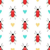 Funny summer background with doodle beetles. Seamless pattern with cartoon elements. vector