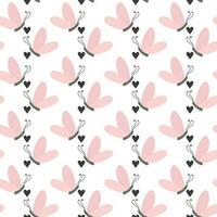 Simple pink butterfly with black hearts. Seamless pattern with cartoon elements. vector