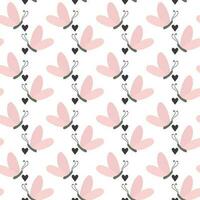 Simple pink butterfly with black hearts. Seamless pattern with cartoon elements. vector