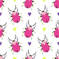 Cute summer background with pink beetles and colorful hearts. Seamless pattern with cartoon elements. vector