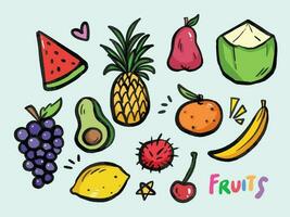 texturizado y resumido varios frutas vector ilustración conjunto colección aislado en horizontal antecedentes. lleno de colores sano comida dibujo con sencillo y plano colores.