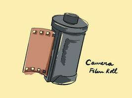 Cartoon styled art with messy coloring style. Outlined camera film roll vector illustration digital art isolated on horizontal yellow template. Film or old technology themed vector.