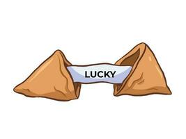 Opened or cracked fortune cookie with lucky text on the paper vector illustration isolated on horizontal white background. Simple and flat art styled outlined drawing.