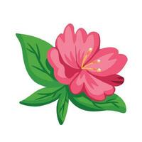 Pink flower with green leaves vector illustration isolated on white square background. Simple and flat art styled drawing.