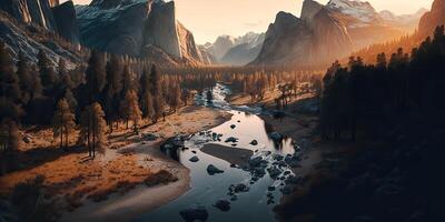 . . Photo realistic illustration of usa american Yosemite national park in the evening morning. Adventure explore vibe. Graphic Art