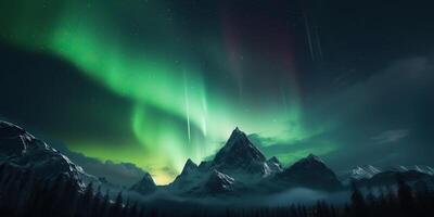 . Photo realistic illustration of aurora northern light. Adventure expidition vibe. . Graphic Art