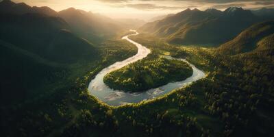 . . Aerial drone top high shot photo illustration of green forest and river. Sunset adventure vibe. Graphic Art