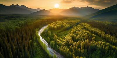 ai generado. ai generativo. aéreo zumbido parte superior alto Disparo foto ilustración de verde bosque y río. puesta de sol aventuras onda. gráfico Arte