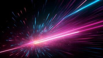 abstract neon background. Pink blue glowing lines, speed of light, meteor shower photo