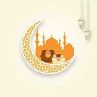 White Arabesque Moon with Two Cartoon Sheep, Silhouette Mosque and Sticker Style Lanterns Hang on Orange Arabic Pattern Background for Eid-Ul-Adha Mubarak. vector