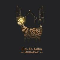 Eid-Al-Adha Mubarak Text with Glittering Goat in Stripes Curve Pattern and Line Art Mosque on Black Background. vector