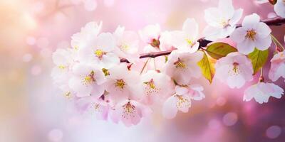 Cherry blossoms with bokeh background. AI generative photo