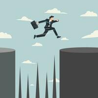 Vector businessman jumping over the buildings avoid spiky obstacle design illustration