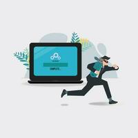 Steal computer data, businessman thief the data from laptop. Cyber crime and fraud online concept illustration vector