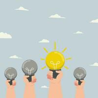 Hand hold bright light bulb different among the others. Getting brilliant idea, creative ideas vector illustration