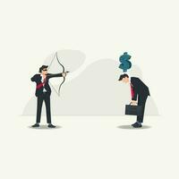 Vector businessman with blindfold aiming to shoot at money symbol on another businessman. Business competition  and risk concept illustration