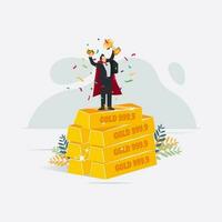 Businessman standing on gold holding the trophy and crown. Success concept vector illustration