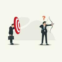 Vector businessman with blindfold trying to shoot the target but wrong direction. Business without vision and mission concept illustration