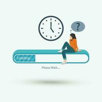 Woman sitting on loading bar with wall clock. Waiting loading file process concept vector illustration