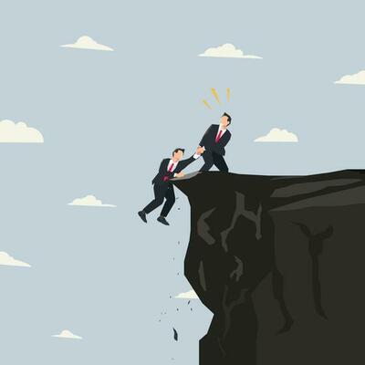 Businessman helping another businessman on the cliff. Help each other in business concept illustration