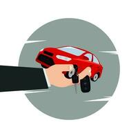 Vector hand holding red car in palm with key on finger illustration